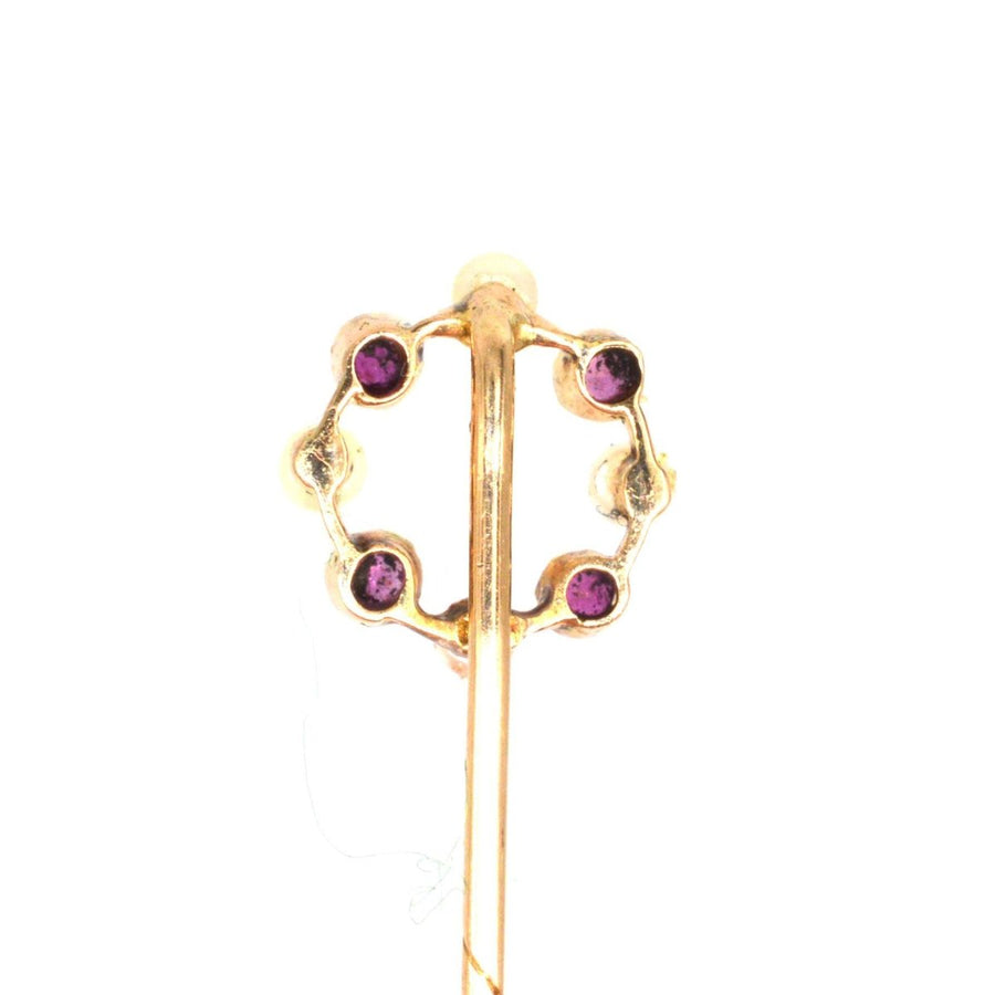 Edwardian 15ct Gold Pearl and Ruby Circular Tie Pin | Parkin and Gerrish | Antique & Vintage Jewellery