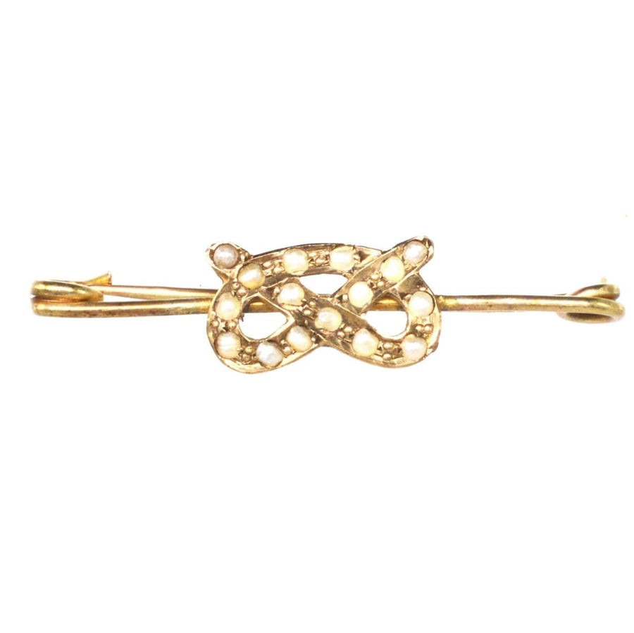 9ct gold Stafford knot bar brooch with split pearls, vintage jewelry from the early 1900s.