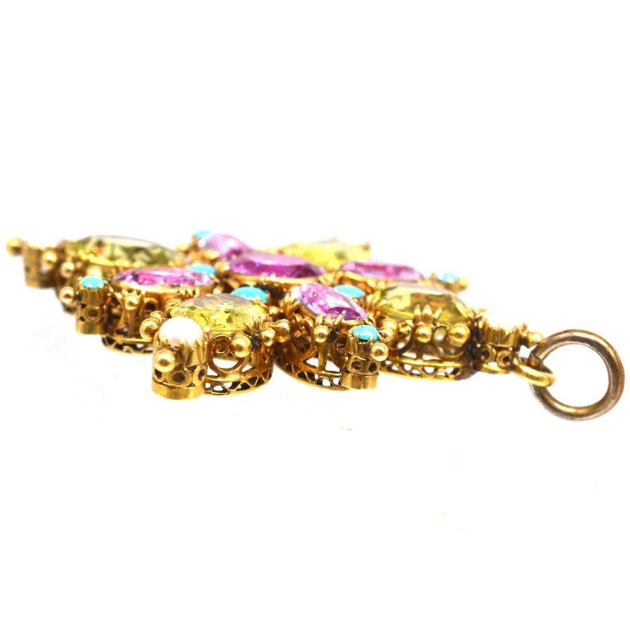 Georgian 15ct gold pendant featuring pink topaz, chrysoberyl, split pearl, and turquoise, dating from the 1820s.