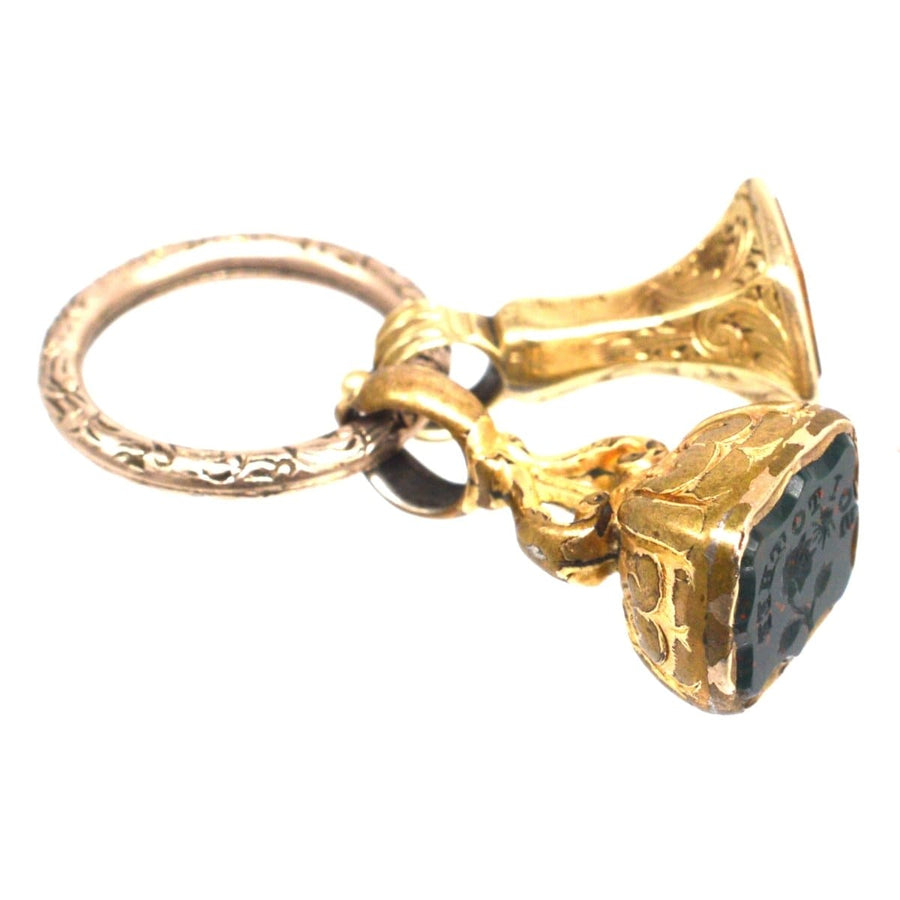 Victorian gold cased seal with split ring, featuring bloodstone and citrine, inscribed with 'So I To Thee'.