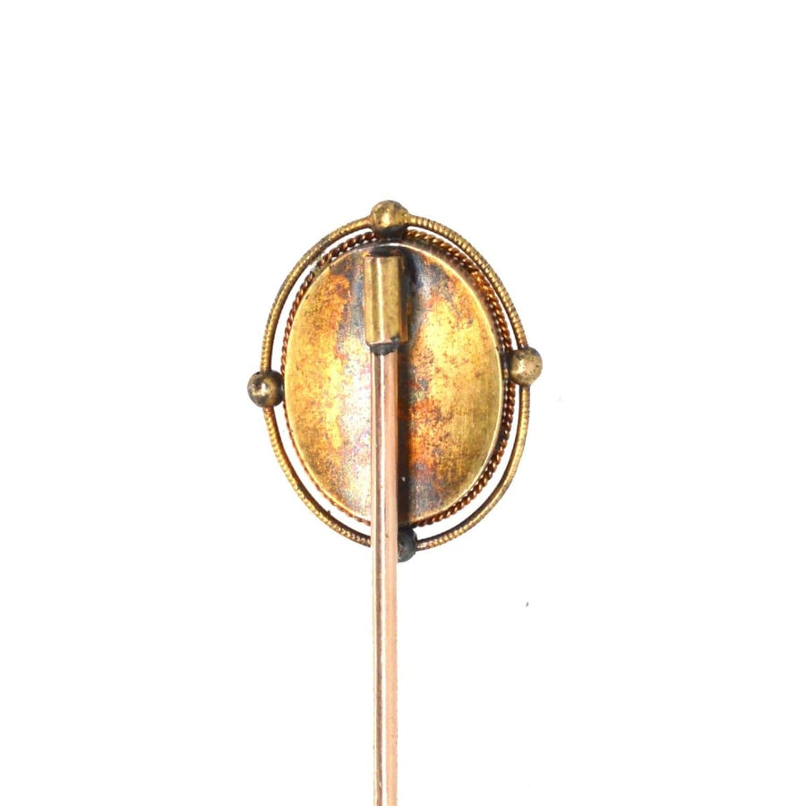 Victorian 15ct Gold Cabochon Garnet Tie Pin back view, showcasing intricate detail and vintage craftsmanship.
