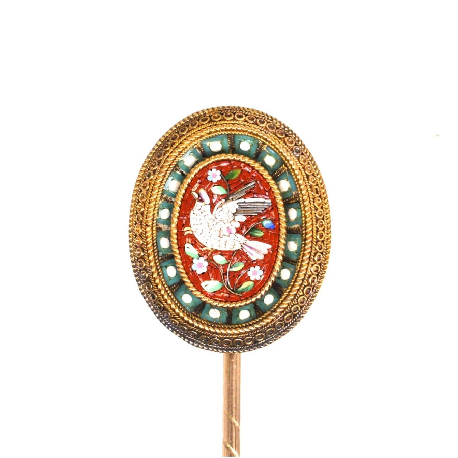 Victorian 15ct gold Etruscan revival micromosaic tie pin featuring a dove design, highlighting exquisite craftsmanship.