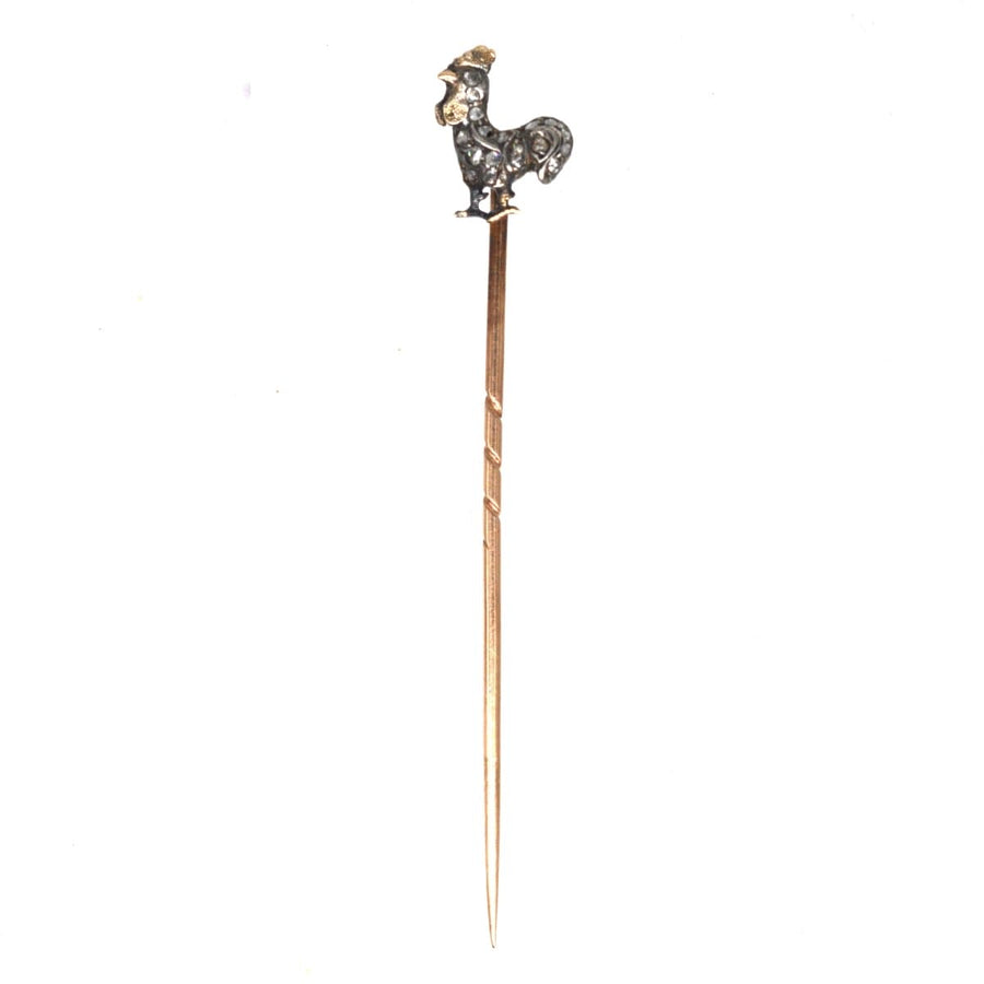 Victorian silver diamond cockerel tie pin, showcasing rose diamonds, a symbol of bravery and prosperity.