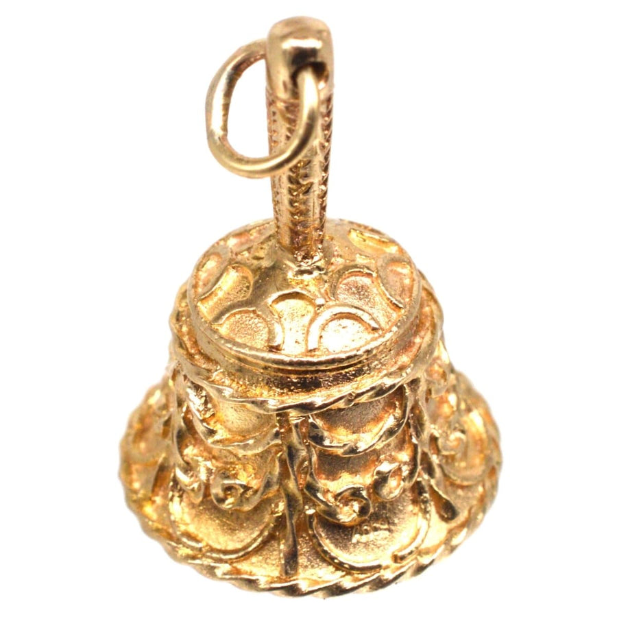 Vintage 9ct gold wedding ringing bell charm pendant with ornate scroll details, fully hallmarked 1968, London by Albion Craft Co.