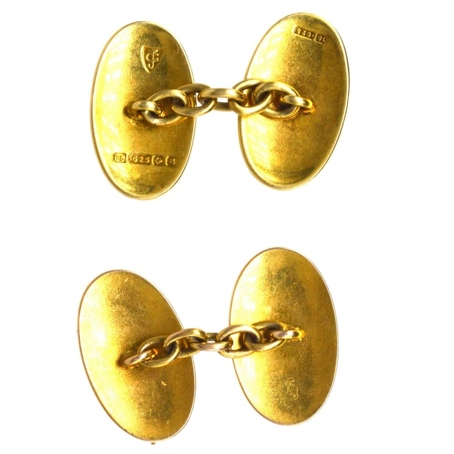 Art Deco 15ct gold plain oval cufflinks from 1926, un-engraved design by G H Johnstone & Co, London.
