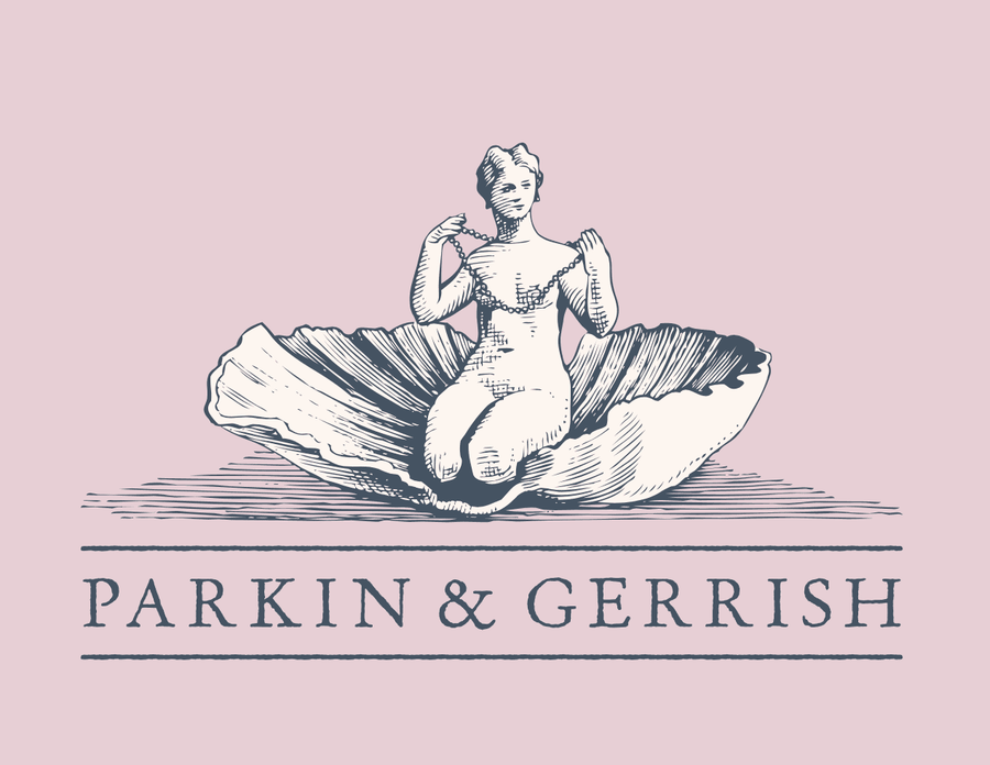 Parkin & Gerrish logo featuring a classical figure in a seashell, elegant design on a soft pink background.