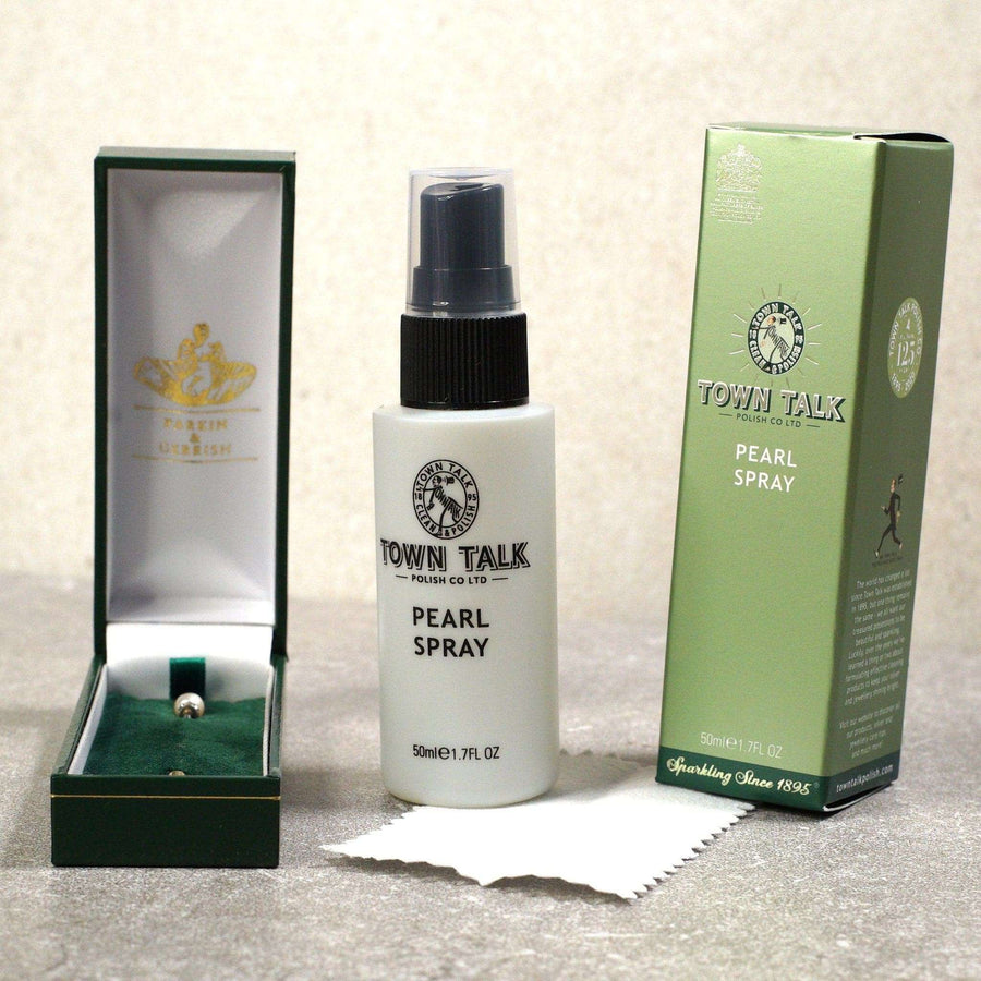 Town Talk Pearl Spray bottle and box with microfibre cloth for cleaning and protecting pearls and delicate jewellery.