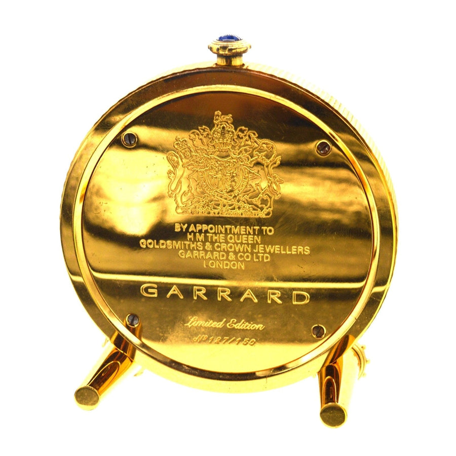 Garrard vintage limited edition travel alarm clock back, showing royal appointment engraving and number 127/150.